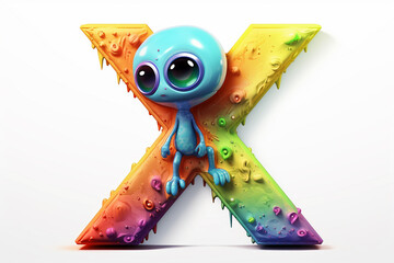 Colorful alien alphabet, uppercase letter X isolated on white background, vibrant kids font with fantasy characters for education in school, preschool and kindergarten. Generative AI.