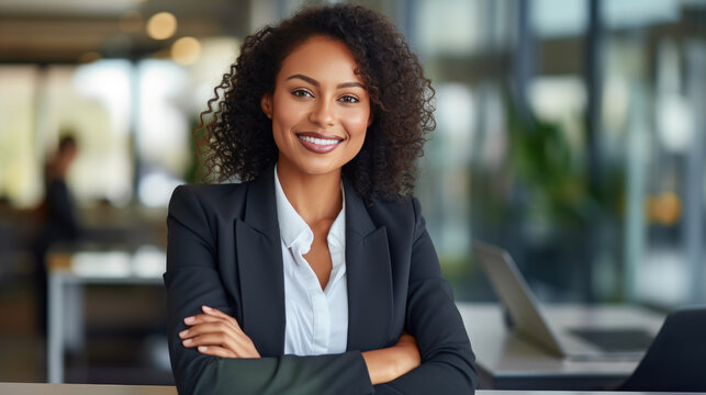 Close up portrait of a smiling young businesswoman in suit against office background. - Powered by Adobe
