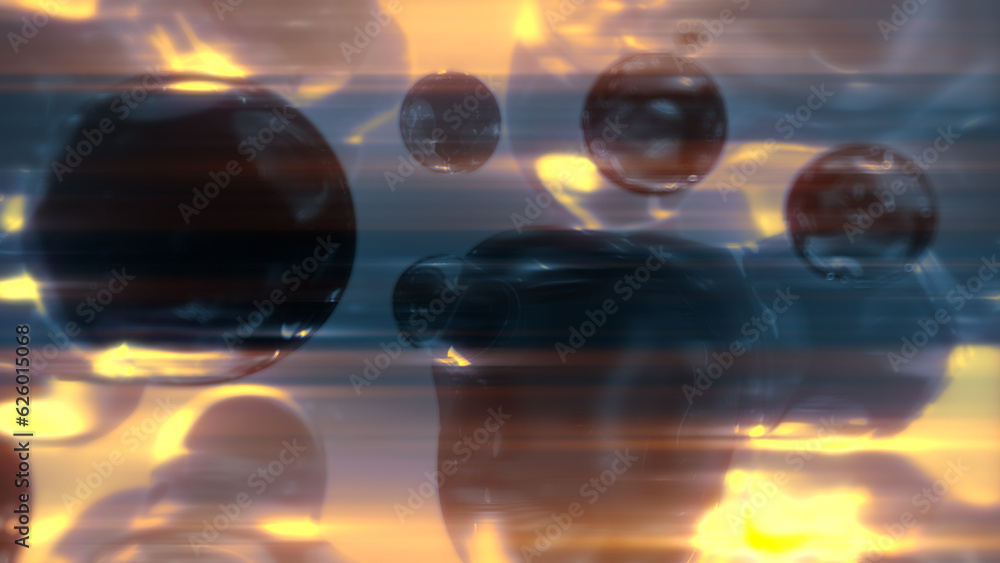 Aufkleber lighting gold slight amorphic drops on black bokeh backdrop - abstract 3d rendering