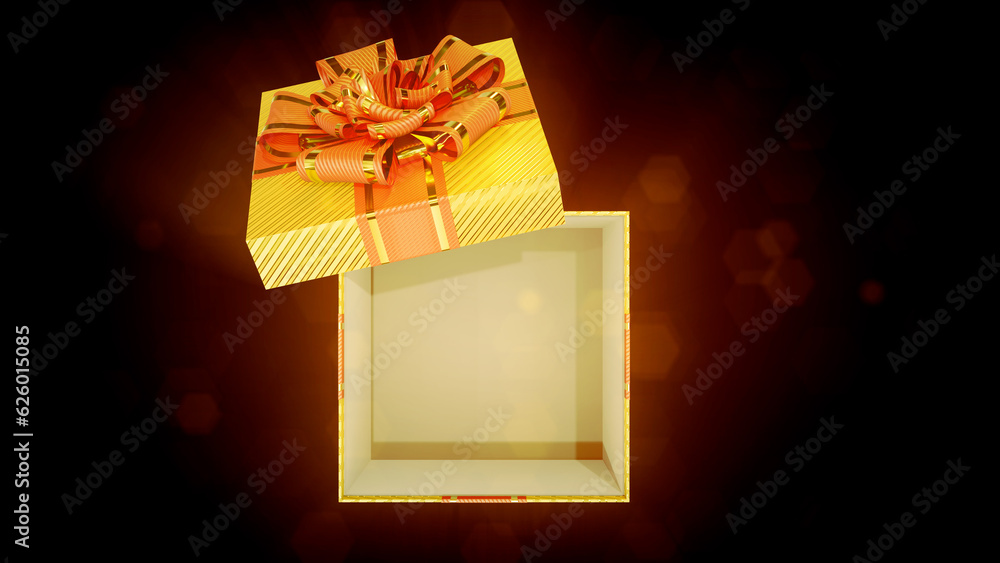 Poster shining opened goldish and red gift box on dark backdrop - object 3d rendering