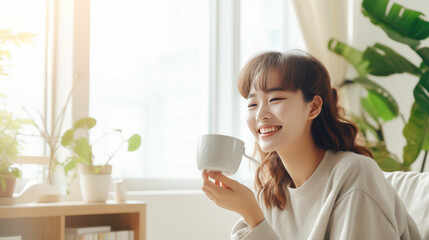 Asian woman enjoying a mug of coffee in a homely atmosphere. Created with Generative AI technology.