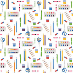Vector childish seamless pattern with school supplies on a white background. Perfect for baby prints, covers, textiles, wallpapers, wrapping paper, scrapbooking.