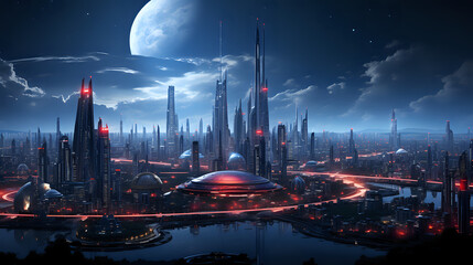 Fototapeta premium A beautiful scene of a futuristic night city. - Generated Ai