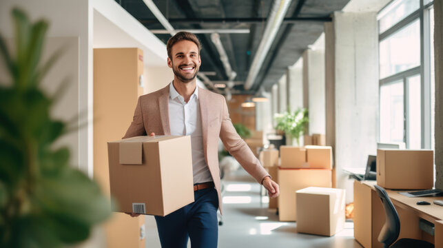 Businessman is moving to a new office. Holding a box of things in his hands. Created with Generative AI technology.