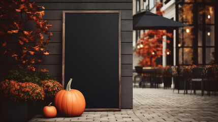 Signboard mockup or template with copy space on exterior. Black menu board with autumn holiday decoration. Welcome signboard mockup with pumpkins.
