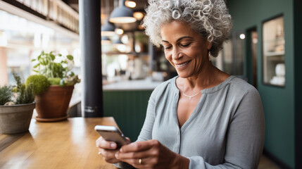 An elderly woman in a cafe uses her cell phone. Created with Generative AI technology.