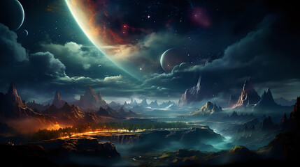 A fantasy landscape of a night sky with mountain ranges. -  Generated Ai
