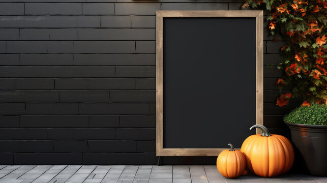 Signboard mockup or template with copy space on exterior. Black menu board with autumn holiday decoration. Welcome signboard mockup with pumpkins.