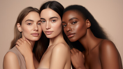 Beauty. Multi Ethnic Group of Womans with diffrent types of skin together against beige background. Created with Generative AI technology.