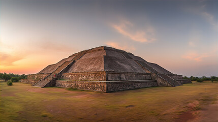 Beautiful Mayan pyramid complex at sunset with dramatic sky