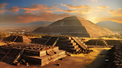 Beautiful Mayan pyramid complex at sunset with dramatic sky - obrazy, fototapety, plakaty