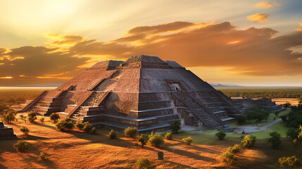 Beautiful Mayan pyramid complex at sunset with dramatic sky