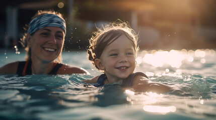 Mom teaches her daughter to swim in the pool.