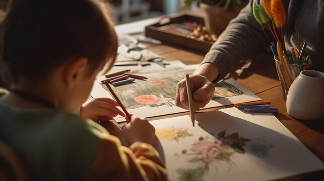 Children draw with colored pencils on paper at home.