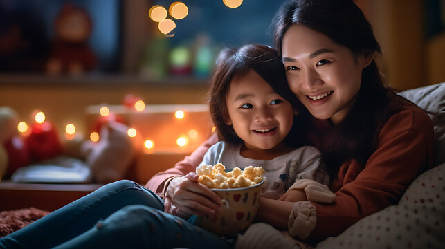 Mom And Daughter Are Sitting On The Couch At Home Watching A Movie.