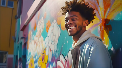 Naklejka premium Young black man street artist portrait. Handsome man leans against of wall with paintings and smile. 