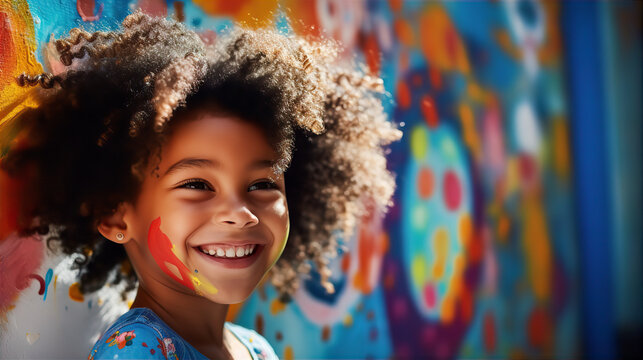 Portrait of adorable African little girl, lean against of wall with paintings. Street art, little artist concept. 