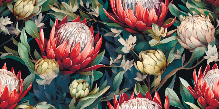 Watercolor seamless pattern with magenta protea, floral background blooming flowers and leaves. Watercolor seamless pattern with protea rose, leaves, branches for greeting wedding card