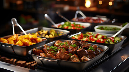 Catering-Buffet-Essen drinnen im Restaurant mit Fleisch, buntem Obst und Gemüse Generative Ai