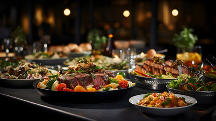 Catering-Buffet-Essen drinnen im Restaurant mit Fleisch, buntem Obst und Gemüse Generative Ai - obrazy, fototapety, plakaty