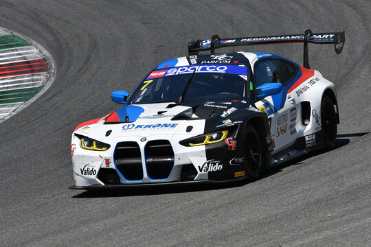 Scarperia, 7 July 2023: BMW M4 GT3 of Team BMW Italia Ceccato Racing drive by Cassar Marco and Nilsson Alfred in action during practice of Italian Championship at Mugello Circuit. Italy