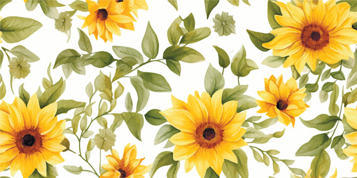 Seamless pattern with watercolor flowers, sunflower, repeat floral texture, digital paper hand drawing. Perfectly for wrapping paper, wallpaper, fabric, texture and other printing