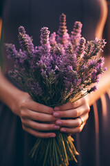Close-up hands of woman holding purple lavender flowers bouquet.
