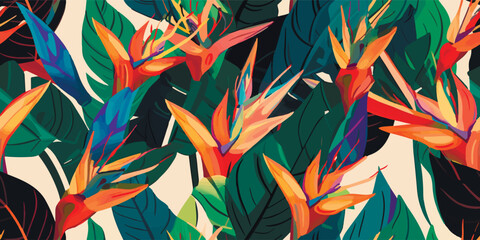Exotic abstract tropical pattern with strelitzia flower or bird of paradise. Colorful botanical abstract contemporary seamless pattern. Hand drawn unique print