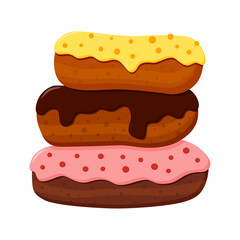 Three glazed donuts, holiday baking, Set of colorful donuts, Set of sweets