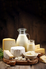 set of various fresh dairy products - milk, cottage cheese, cheese, yogurt, sour cream, butter on a wooden background, copy space