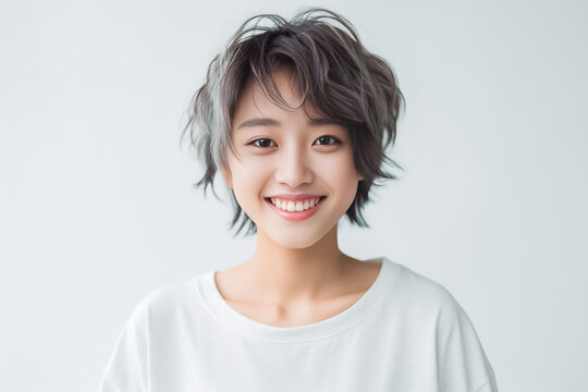 a lively Asian teen with short hair, donning a white T-shirt, standing against a clean white studio backdrop, beautifully lit. Perfect for a wide range of projects. generative AI.