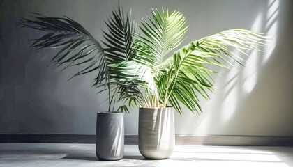 Obraz premium Houseplants palm in a pots on a gray floor against a wall in an empty room. Generative AI. The concept of minimalistic Scandinavian style in interior.
