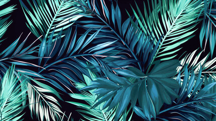 Green palm leaf pattern on a dark background. Generated AI. Illustration for design, poster or print. © Kufotos