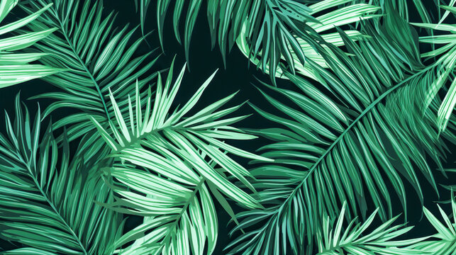 Green palm leaf pattern on a dark background. Generated AI. Illustration for design, poster or print. © Kufotos