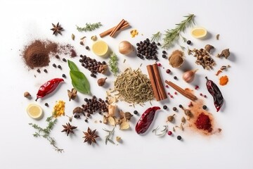 Obraz na płótnie Canvas Assortment of culinary spices and herbs on a white background,flat lay,realistic, top view, Generative ai