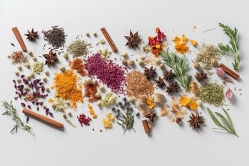 Assortment of culinary spices and herbs on a white background,flat lay,realistic, top view, Generative ai