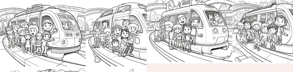 Coloring book page with an image of an underground futuristic subway train. Funny and happy cartoon...