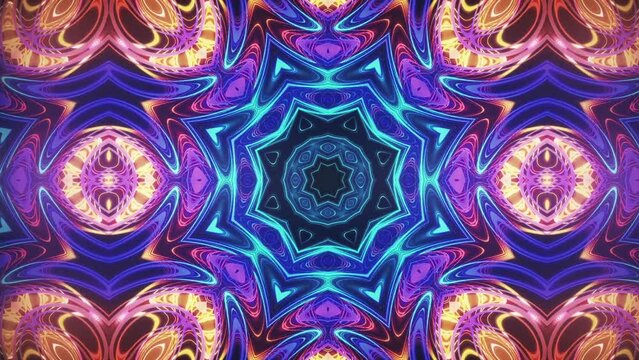 Ornate glowing mandala styled kaleidoscopic background. This vibrant, colorful, hypnotic geometric background animation is full HD and a seamless loop.
