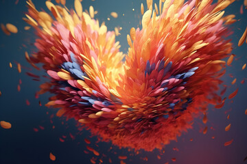 Fototapeta premium Artistic illustration of wonderful heart made of colored feathers flying in air, fluffy symbol of love. Concept love, romance, relationship and valentine's day