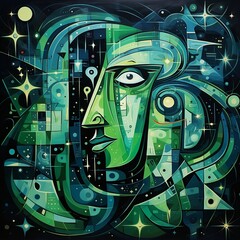 Abstract character with green outlines and images of stars, cubist art style. Generative AI.
