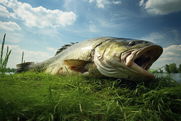 Freshly caught big fish on green grass