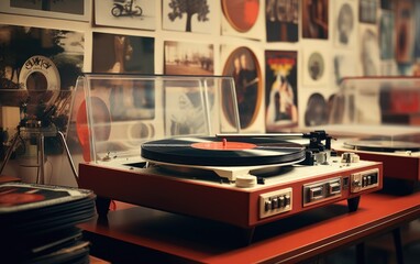 Closeup of a vintage record player turntable inside a cozy room. Generative AI