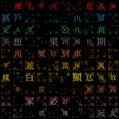 Abstract background. Random Characters of Chinese Traditional Alphabet. Gradiented matrix pattern. Red blue green orange color theme backgrounds. Tileable horizontally. Creative vector illustration.