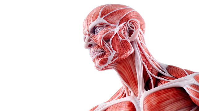 Structure of facial and shoulder muscles and tendons. Some muscles of human face in anatomy model. Generative Ai