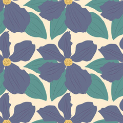 Pattern with clematis flowers on beige background. Summer flower illustration. Blue, lilac, green colors. for postcards, patterns, invitation cards