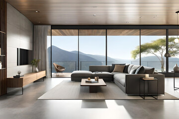 Interior design of a minimalistic living room with clean lines and clutter-free surfaces, promoting a sense of tranquility and mindfulness.