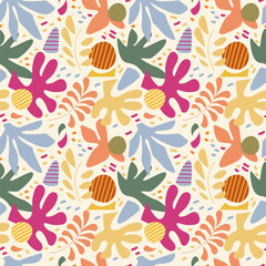 Obraz na płótnie Canvas Seamless pattern with abstract elements resembling plant forms. Green, pink color. For the design of fabric, wrapping paper, wallpaper.