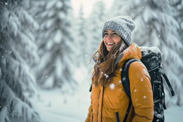 A young woman enjoys a snowy forest in Lapland - Powered by Adobe
