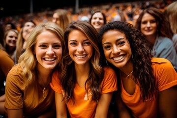 Fototapeta premium Uniting Through Sport: Behold a Group of Diverse Friends Clad in Matching Plain Orange T-Shirts, Coming Together at a Basketball Game. Their Camaraderie and Team Spirit Exude the Essence of Friendship