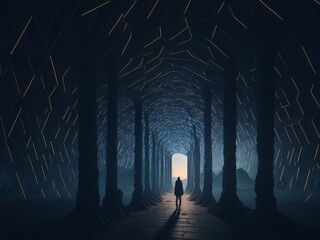 Una persona paseando por un paisaje surrealista de paneles octogonales binarios - obrazy, fototapety, plakaty